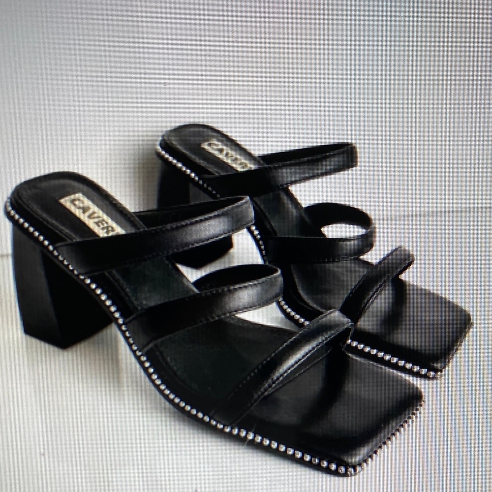 Caver Black Strappy Women's Heels with Rhinestone Detail